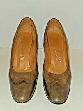 Thomas Wallace Brown Leather Suede Pumps Round Toe Two Tone Vintage Size 7